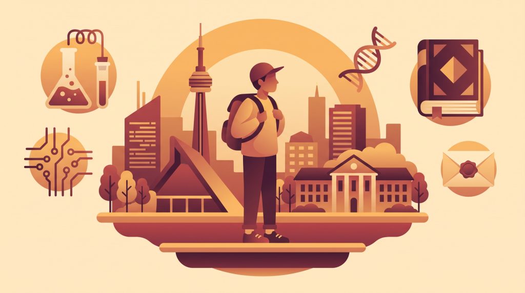 扁平風格插畫：一名背著背包的研究生站在抽象化的首爾天際線與大學校園前，周圍漂浮著燒瓶、電路、DNA螺旋、書本與信封等象徵理工與獎學金的圖案。